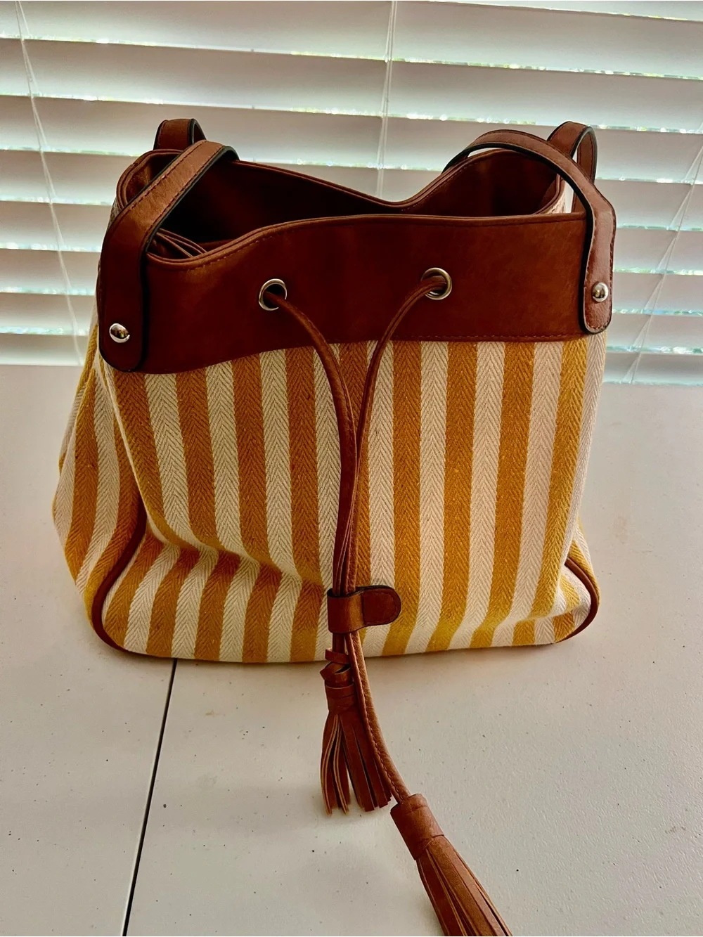 Bueno Yellow and White Striped Hobo with Brown Trim and Tassels